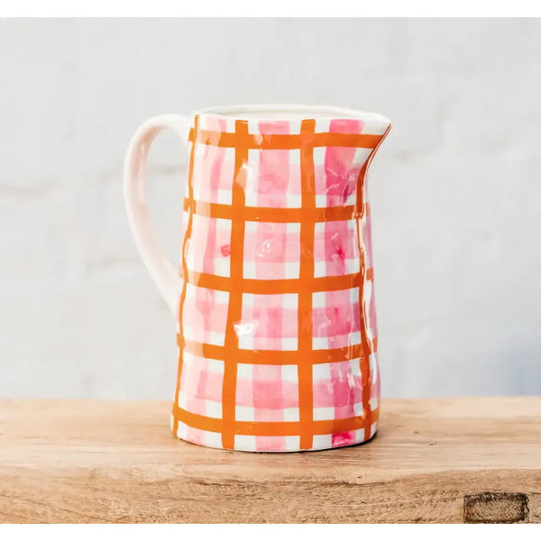 Noss Rose Pink & Orange Gingham ceramic jug – hand-crafted gingham jug for serving drinks or styled as a decorative vase