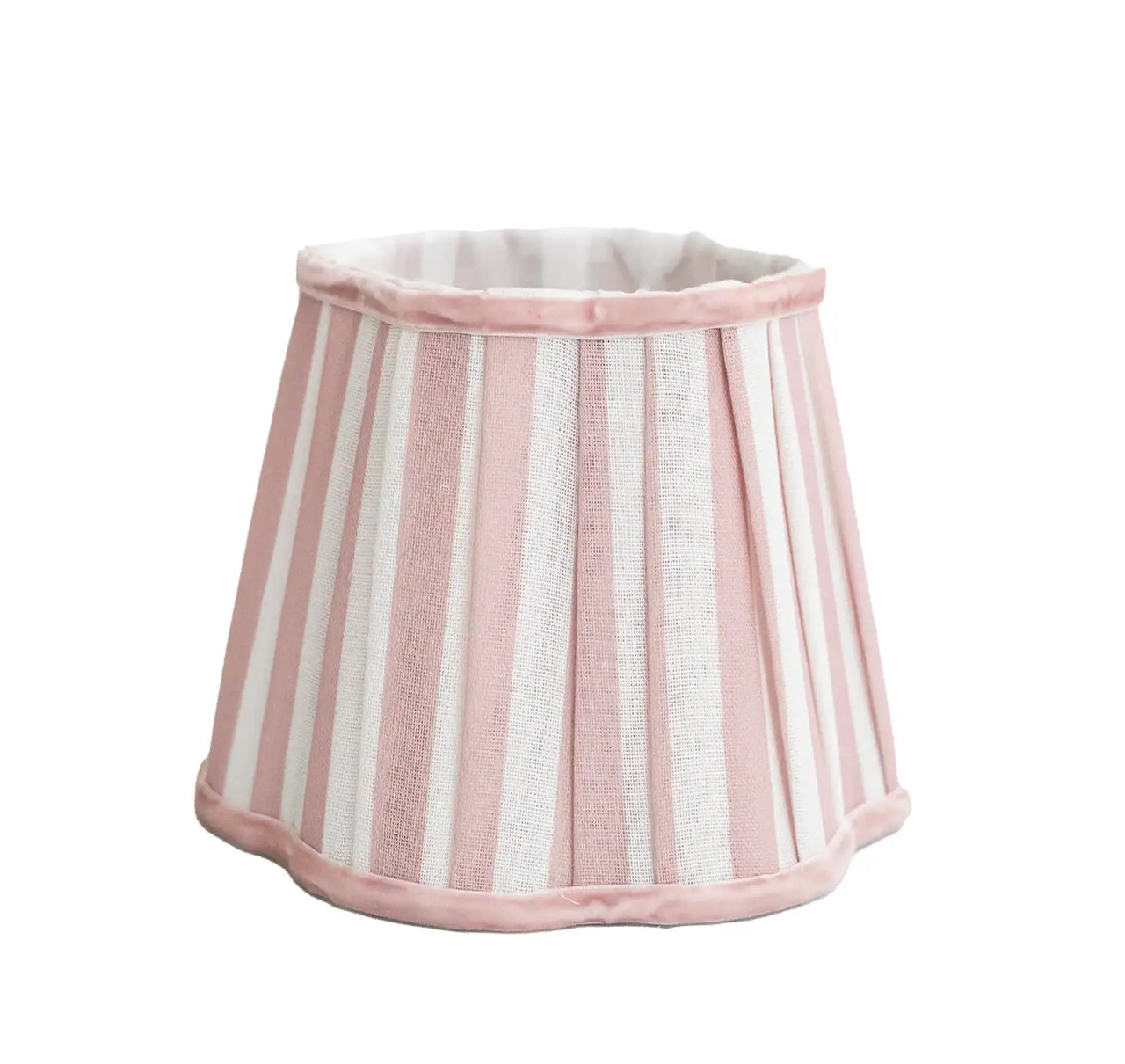 Striped lampshade with pink and white stripes on a white background