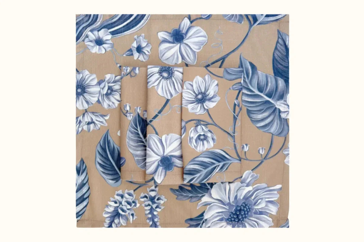 Navy and biscuit floral linen napkins styled for tablescaping — House of Dudley