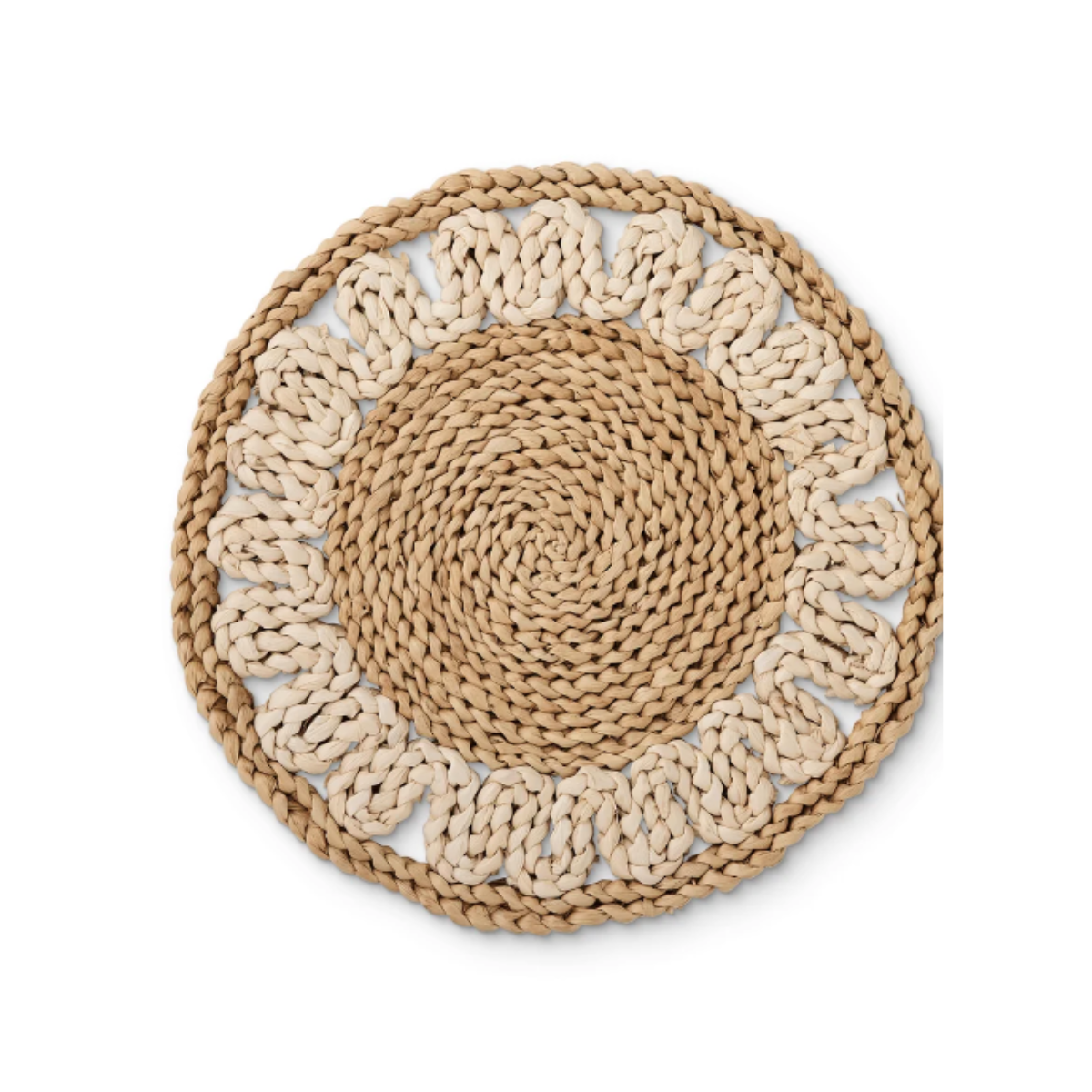 Palma round braided placemat in two tone natural maize with looped border, 33cm