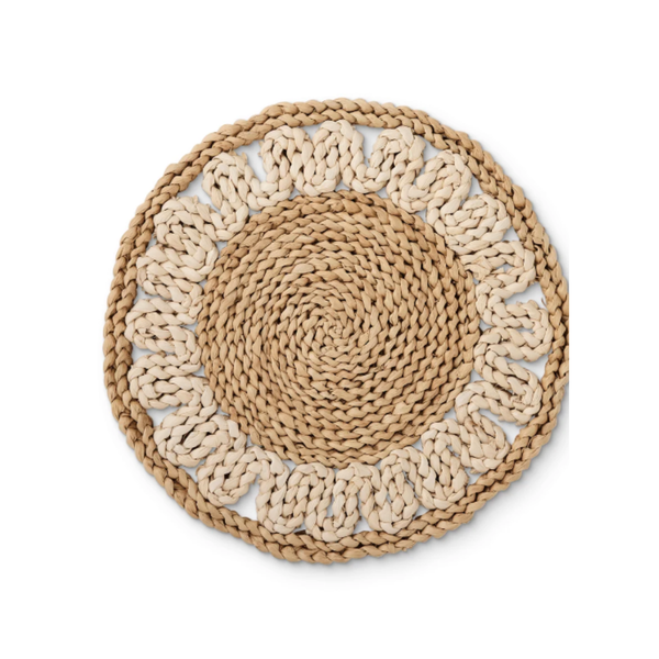 Palma round braided placemat in two tone natural maize with looped border, 33cm