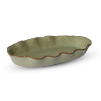 Thumbnail for Marseille wavy ceramic oval serving dish in reactive green glaze with scalloped bisque rim, 39 x 21cm