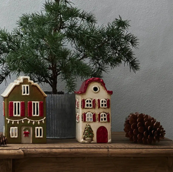 Tea Light Christmas Stone Villa – with Red Shutters