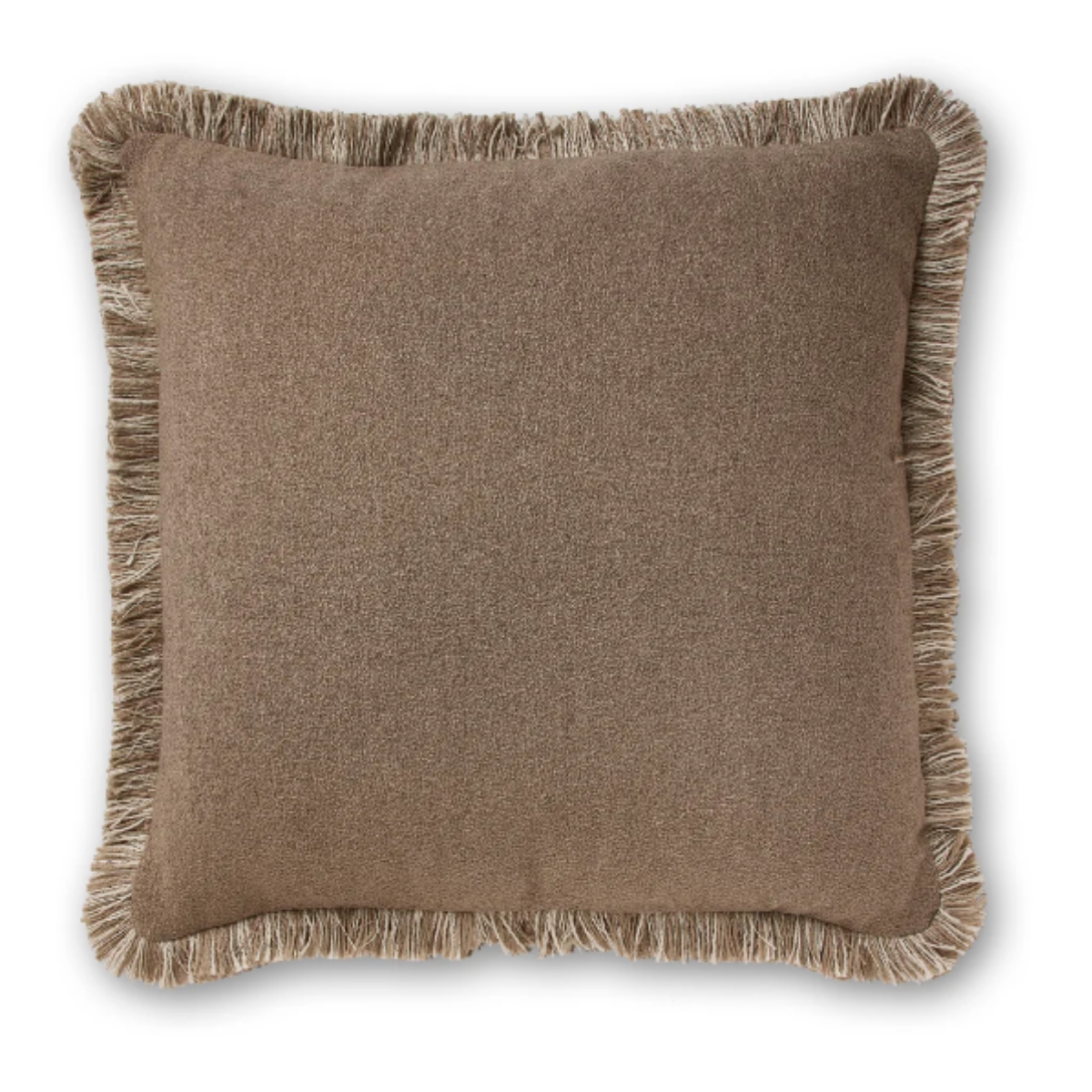 Margot cushion in truffle brown textured weave with a natural cream fringe edge, 50cm