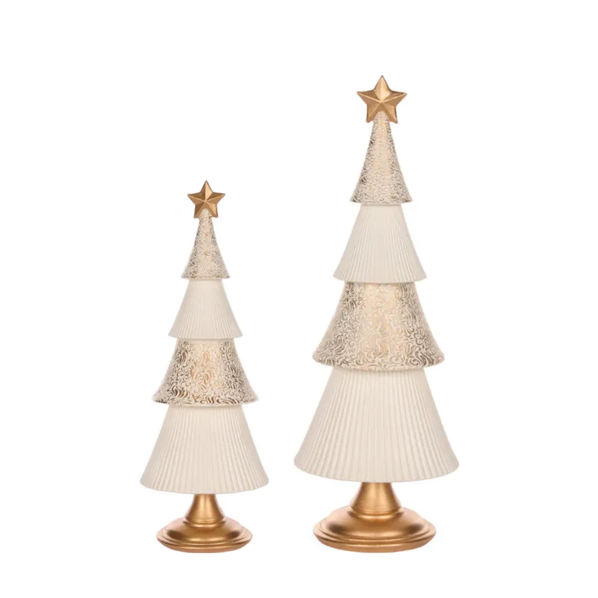 Gold and ivory layered Christmas trees, 32cm and 41cm, side by side