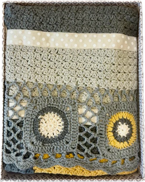 Hand crochet blanket in dusty grey and mustard