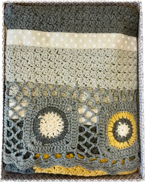 Hand crochet blanket in dusty grey and mustard