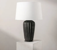Thumbnail for Kai table lamp with a ribbed matte black wood base and natural cotton shade