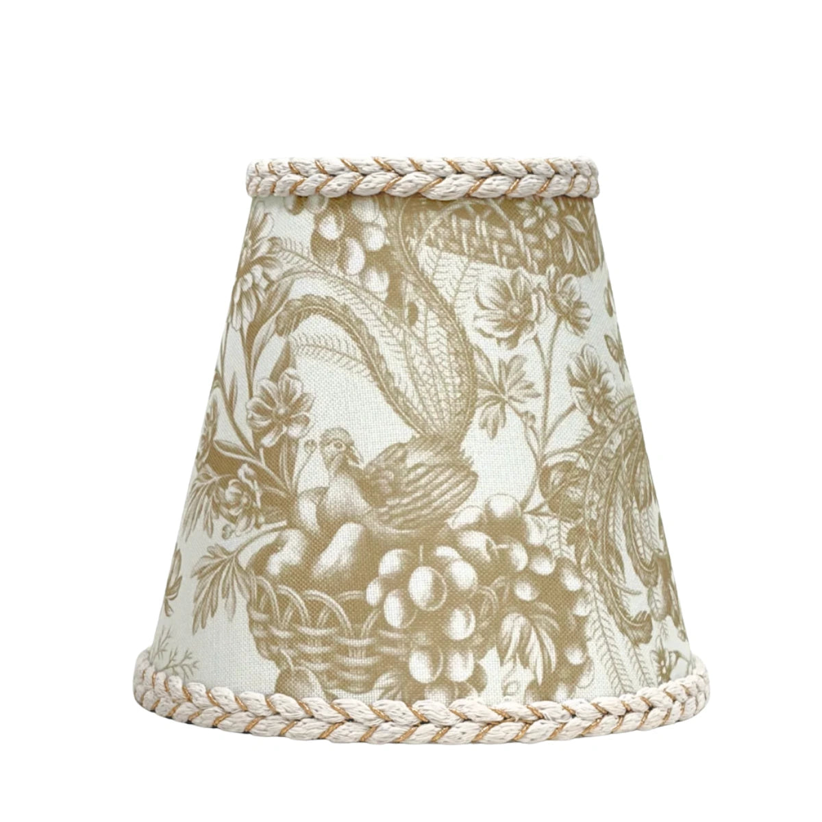 Luxe & Beau gold toile lamp shade with cream braided trim, birds and grapes print