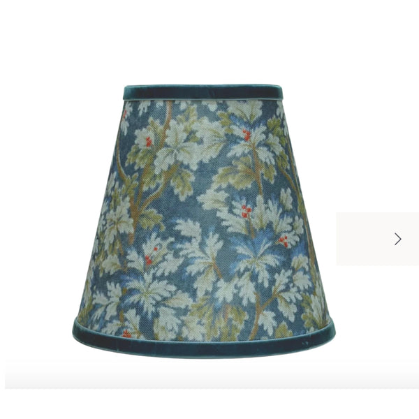 Luxe & Beau navy tapestry lamp shade with ivory and sage leaf print and navy edging