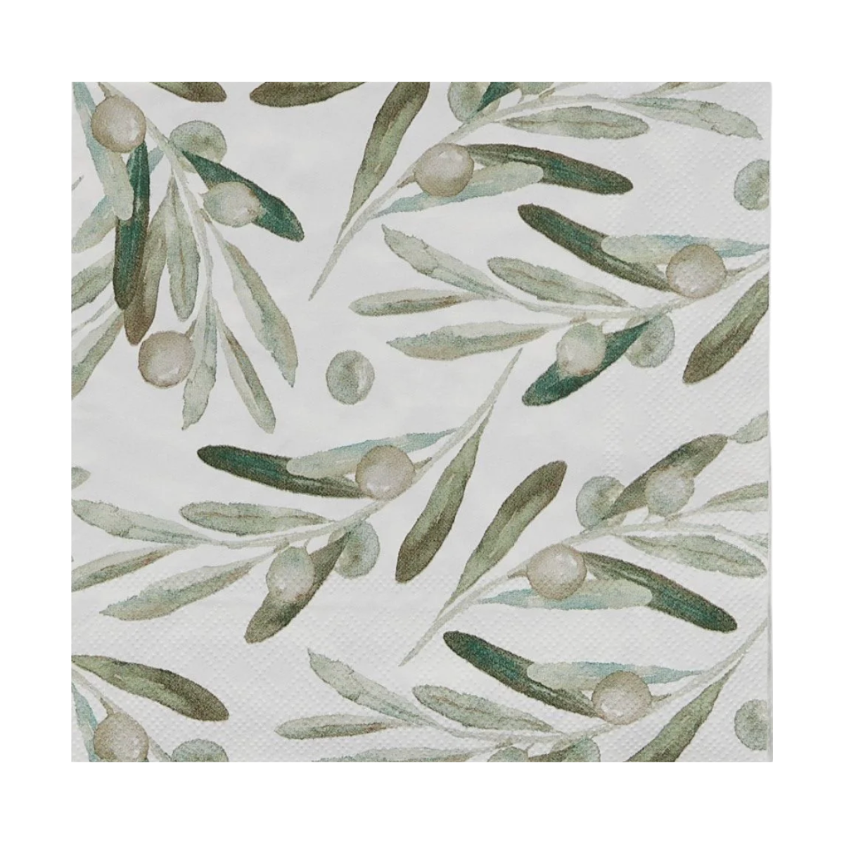 Paper napkin printed with watercolour olive branches and olives, 33cm square
