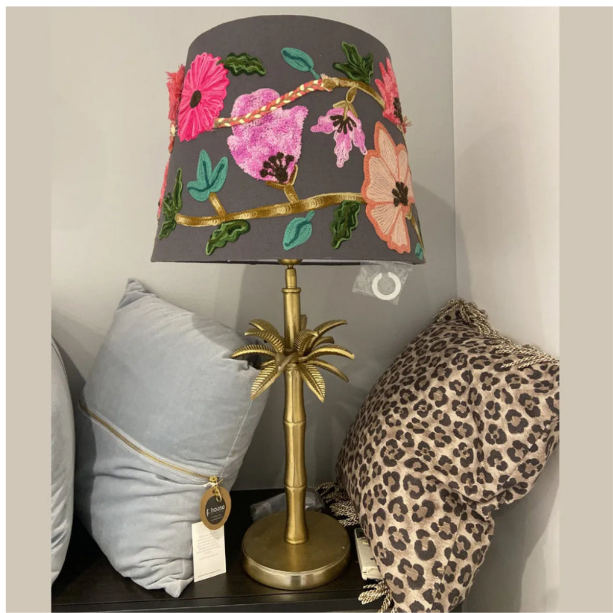 Palm Tree Table Lamp with Azalea Shade, alternate view showing the bronze palm tree base