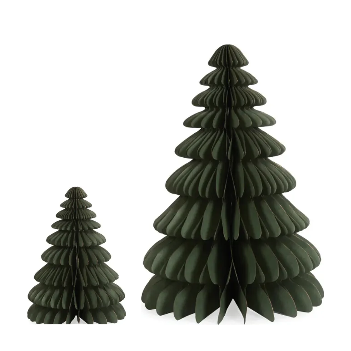 Sage green honeycomb paper Christmas trees, medium 32cm and extra large 65cm, side by side
