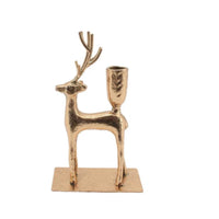 Thumbnail for Yuletide Reindeer candle holder in antique gold, with leaping reindeer, holly and five tealight cups