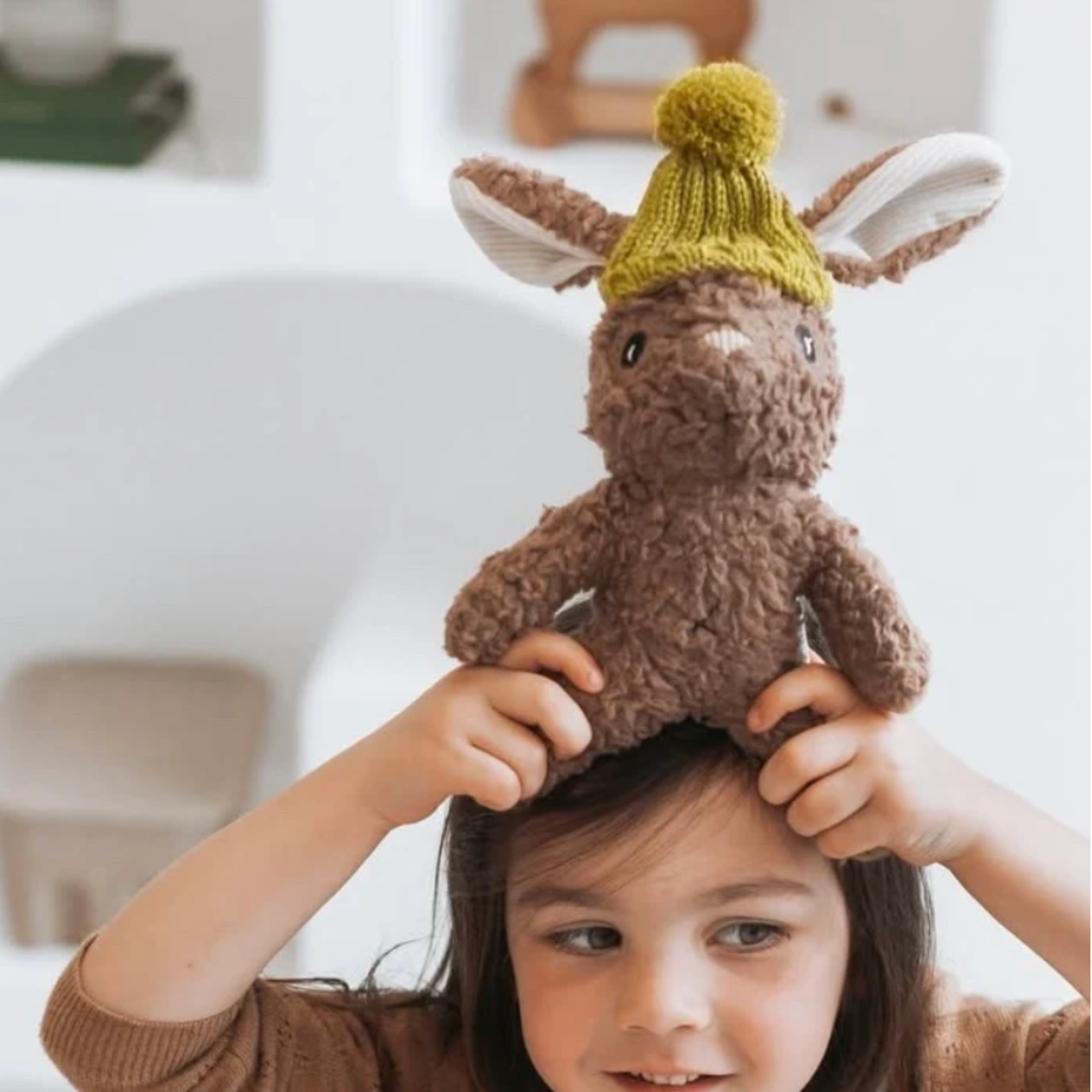 Stella Rabbit soft toy – alternate view showing the knitted beanie and hand-finished detail