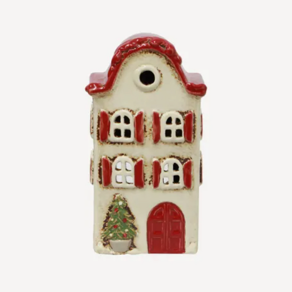 Tea Light Christmas Stone Villa – with Red Shutters