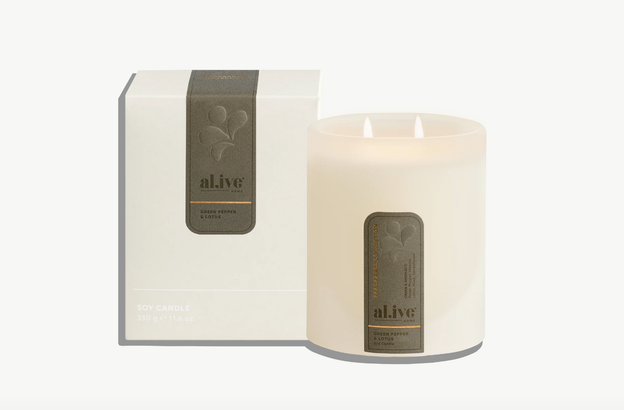 al.ive Green Pepper & Lotus Soy Candle 330g with box – luxury scented candle gift Australia – House of Dudley Adelaide