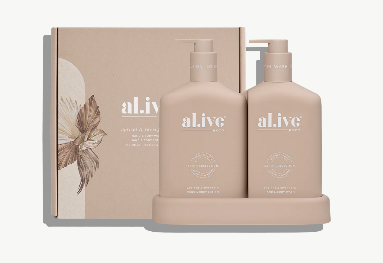 al.ive body Apricot & Sweet Fig Wash & Lotion Duo in tray – boutique bath gift Australia – House of Dudley Adelaide