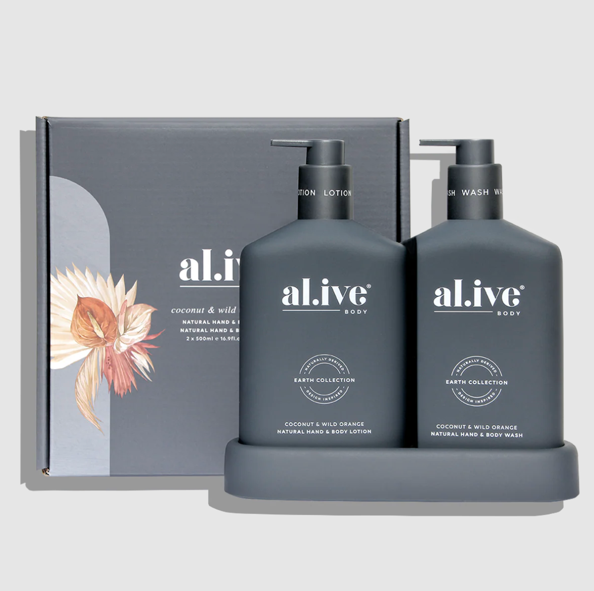 al.ive body Coconut & Wild Orange Wash & Lotion Duo in tray – boutique bath gift Australia – House of Dudley Adelaide