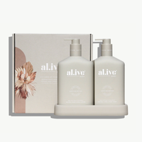 Thumbnail for al.ive Sea Cotton and Coconut hand wash and lotion duo in a ceramic tray
