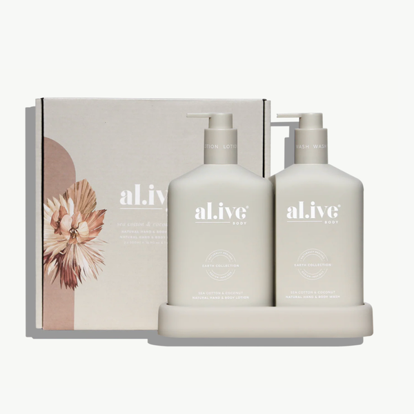 al.ive body Sea Cotton & Coconut Wash & Lotion Duo in tray – boutique bath gift Australia – House of Dudley Adelaide