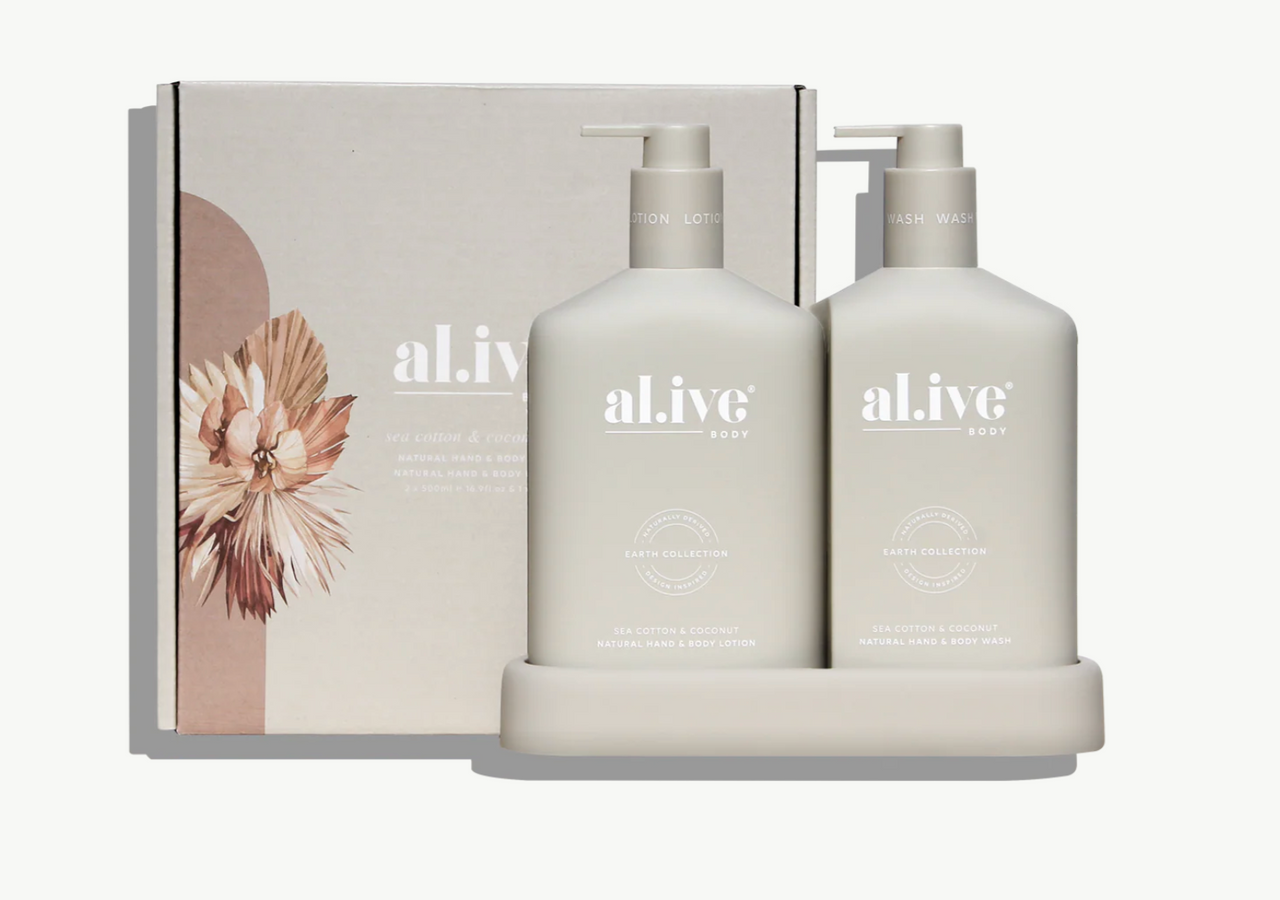 al.ive body Sea Cotton & Coconut Wash & Lotion Duo in tray – boutique bath gift Australia – House of Dudley Adelaide