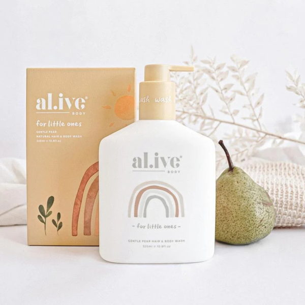 al.ive baby Hair and Body Wash in Gentle Pear, white 320ml pump bottle
