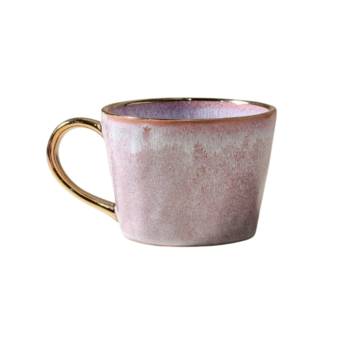 Indigo Love Ariel mug in Musk, rose-pink and lilac reactive glaze with gold rim and handle
