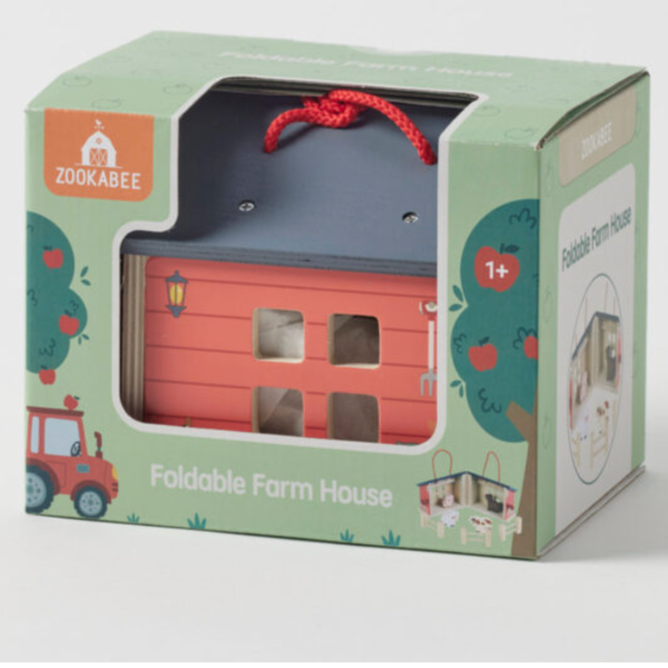 Foldable farmhouse baby toy closed, showing the barn exterior and carry handle