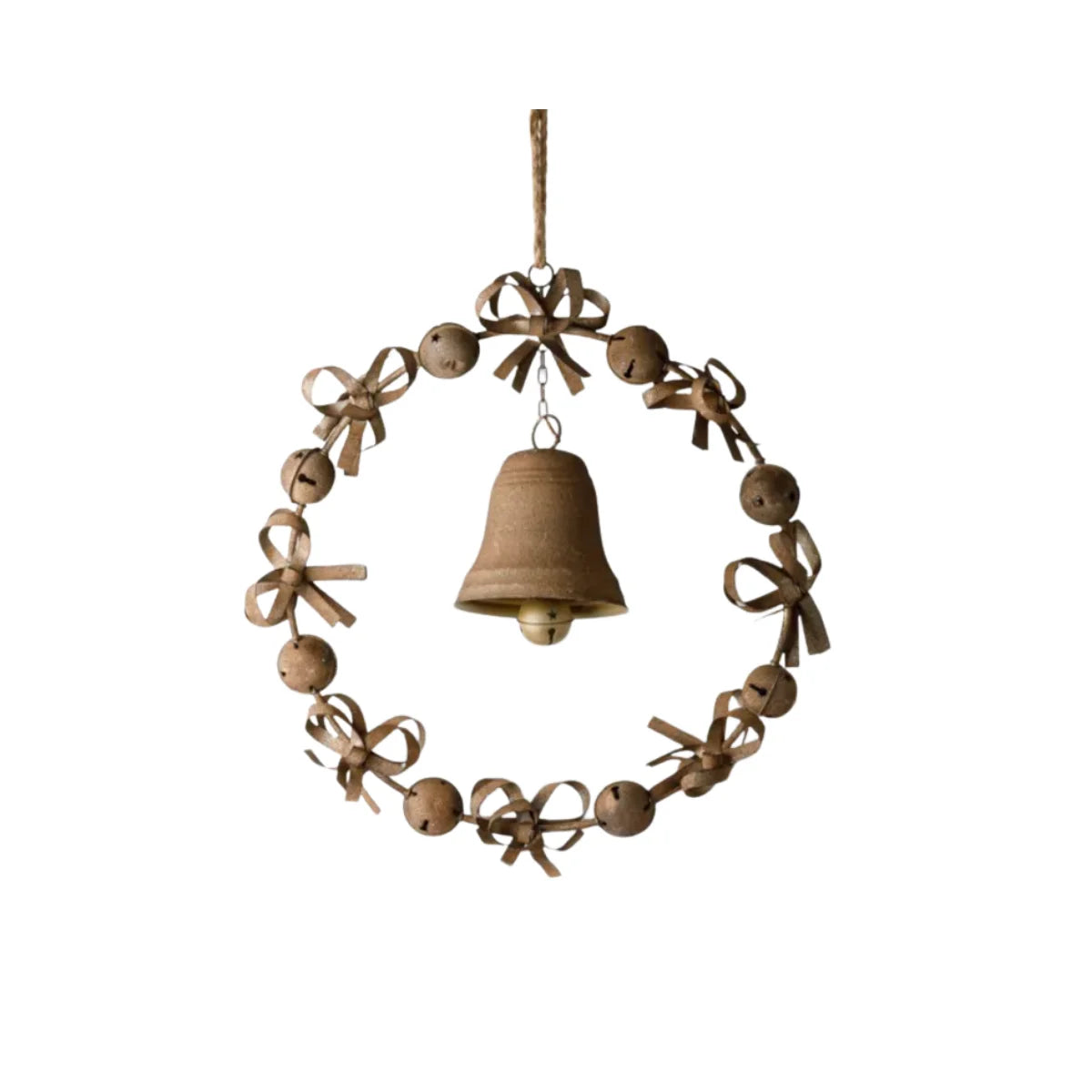 Bow & Bell Christmas Wreath – Rust on a white background, hanging from a jute rope loop, showing the jingle bells, ribbon bows and centre bell