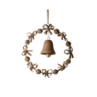 Thumbnail for Bow & Bell Christmas Wreath – Rust on a white background, hanging from a jute rope loop, showing the jingle bells, ribbon bows and centre bell