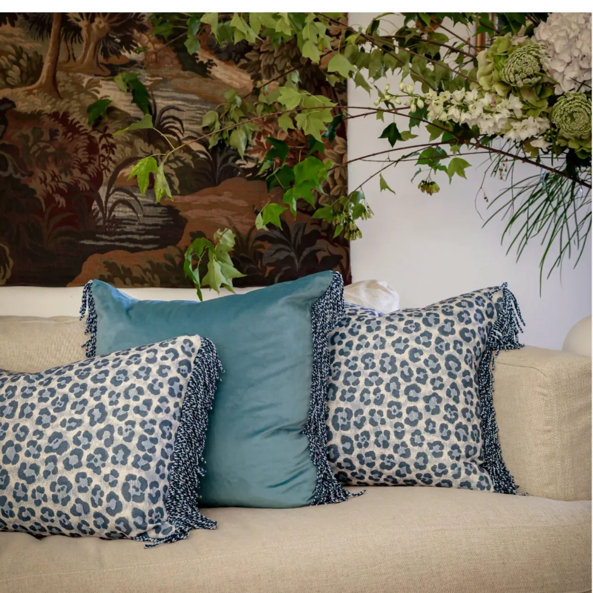 Bullion Fringe Blue Velvet Cushion 50x50cm from House of Dudley