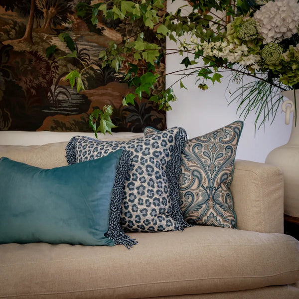 Bullion Fringe Blue Velvet Cushion 40x60cm from House of Dudley