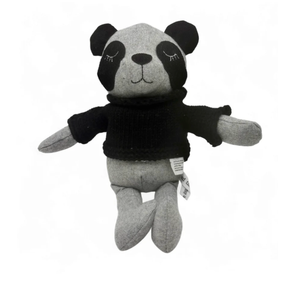 Cecil Panda soft toy – black and white wool blend panda wearing a hand-knitted merino wool jumper