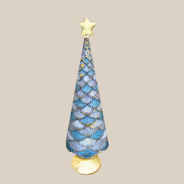 Tika Scalloped Christmas Tree in blue and gold with gold star topper and pedestal base