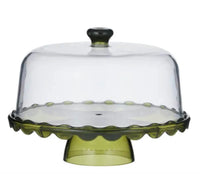 Thumbnail for Green glass cake stand with a clear dome lid on a white background