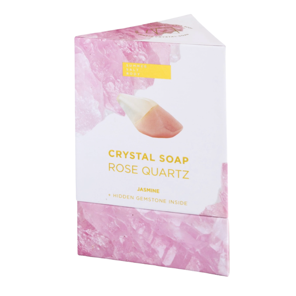 Crystal soap packaging with rose quartz design on a white background