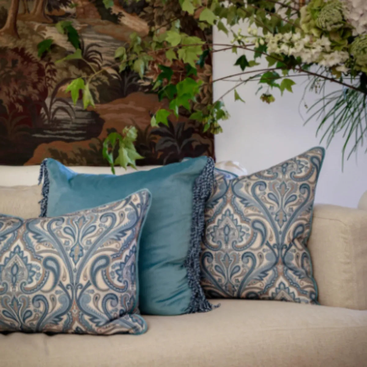 Bullion Fringe Blue Leopard Cushion 40x60cm from House of Dudley
