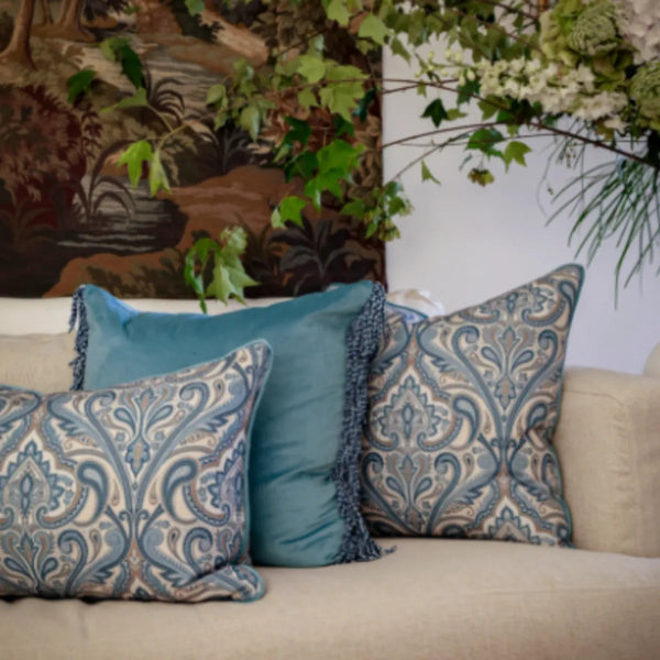 Bullion Fringe Blue Leopard Cushion 40x60cm from House of Dudley