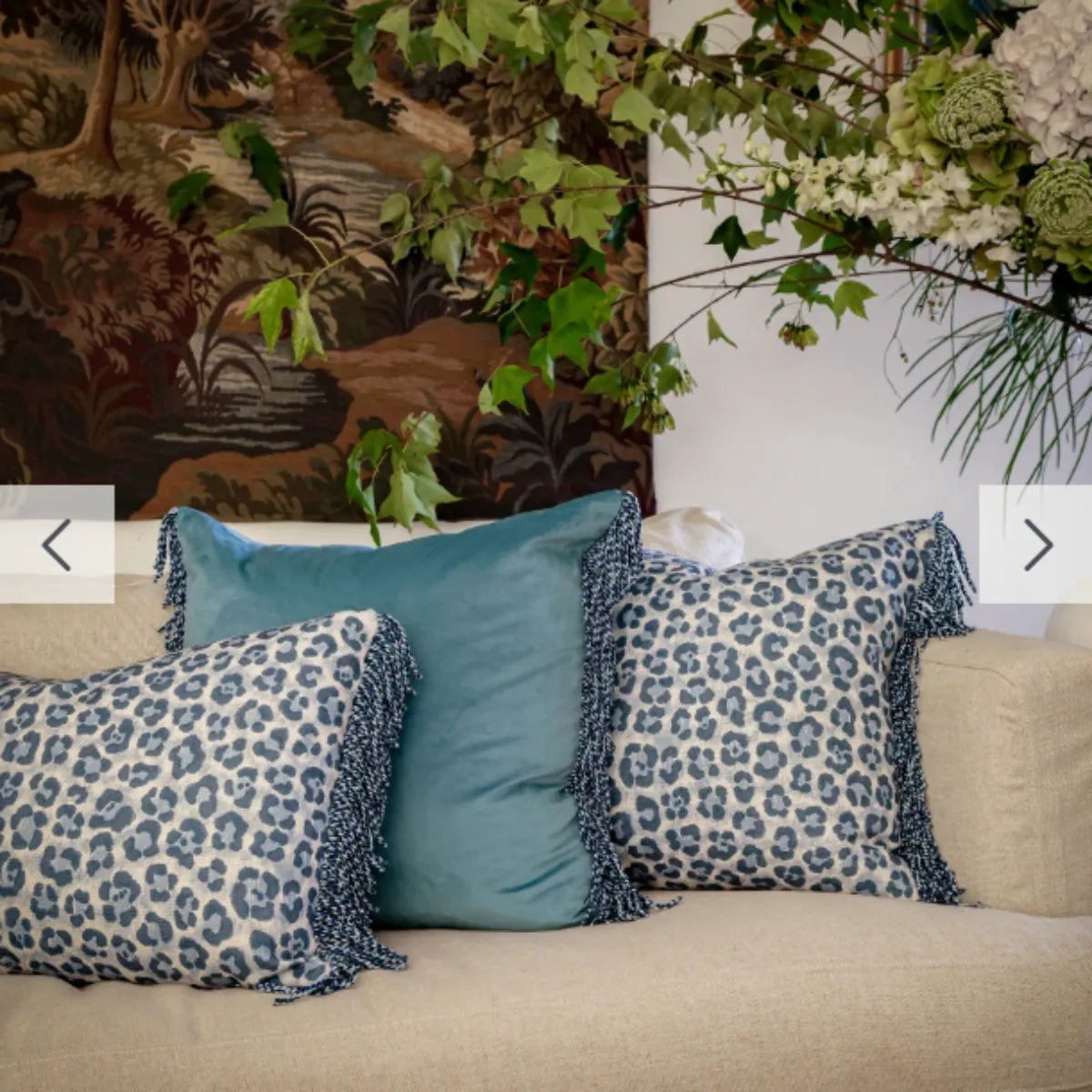 Bullion Fringe Bleu Leopard Cushion 50x50cm from House of Dudley