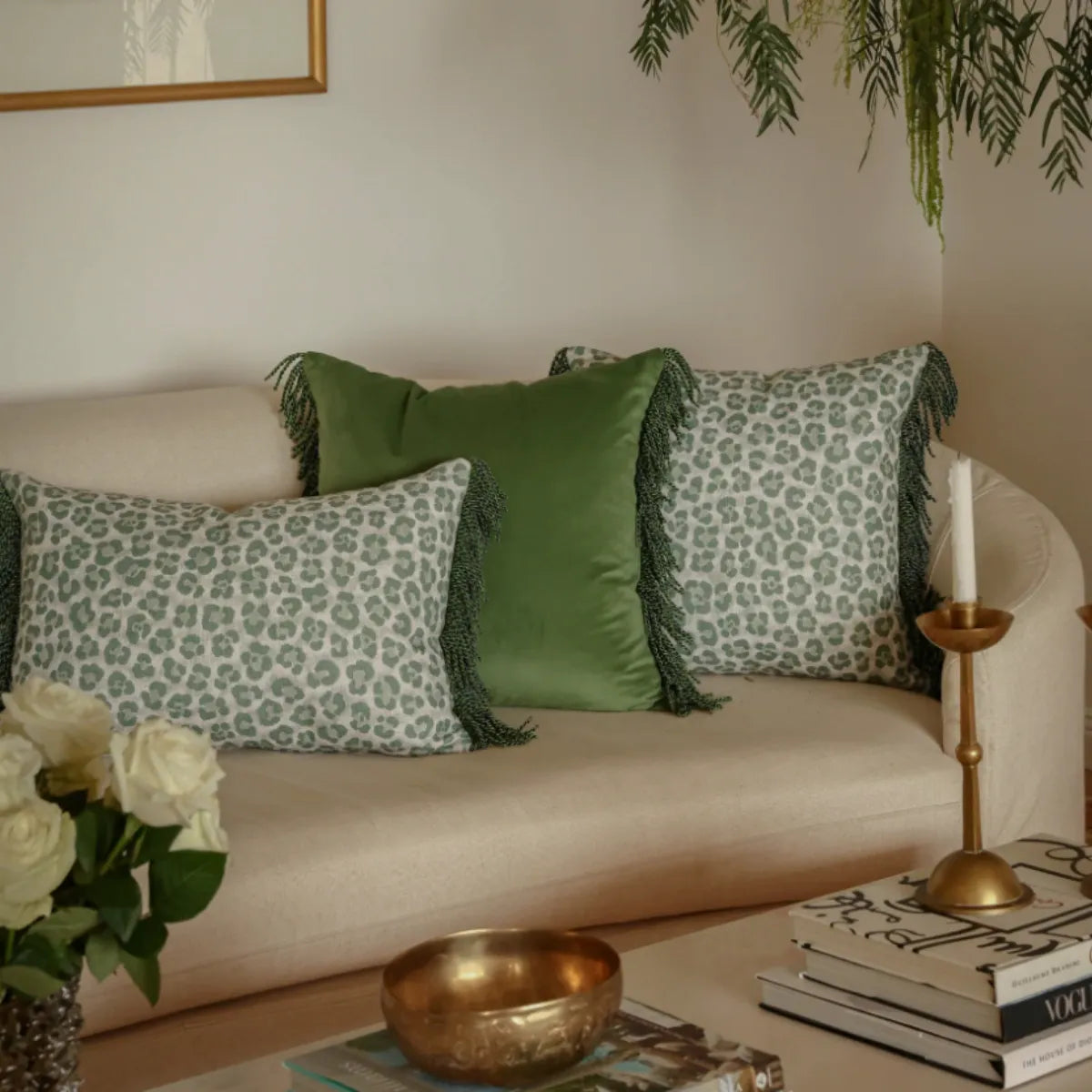 Bullion Fringe Pistachio Leopard Cushion 40x60cm from House of Dudley