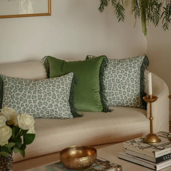 Bullion Fringe Pistachio Leopard Cushion 50x50cm from House of Dudley