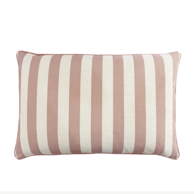Striped pillow with brown and white stripes on a white background