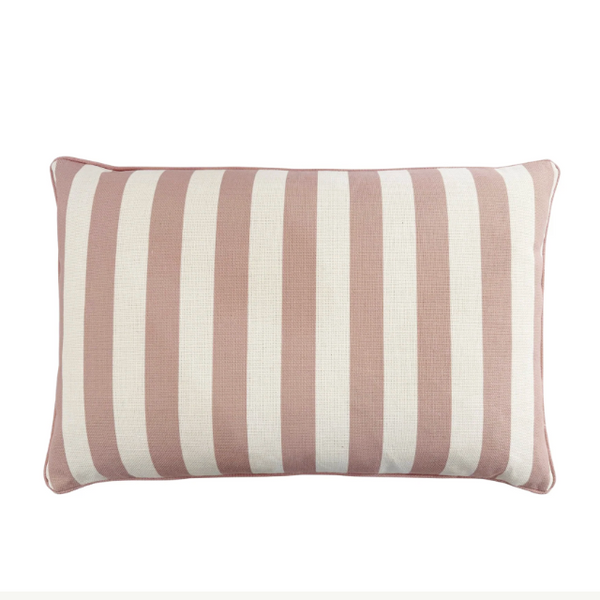 Striped pillow with brown and white stripes on a white background