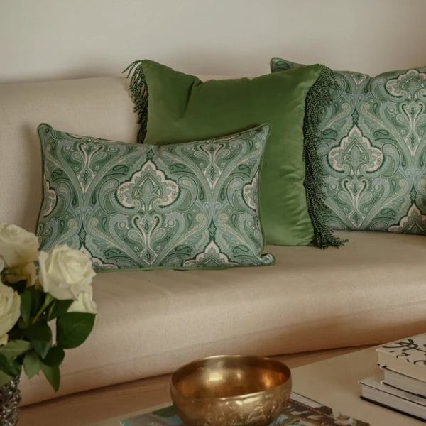 Bullion Fringe Pistachio Paisley Cushion 50x50cm from House of Dudley