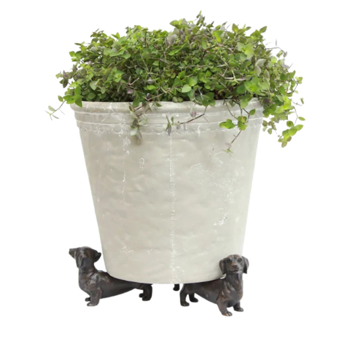 Set of three antique bronze dachshund pot stands lifting a planter, alternate view