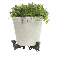 Thumbnail for Set of three antique bronze dachshund pot stands lifting a planter, alternate view