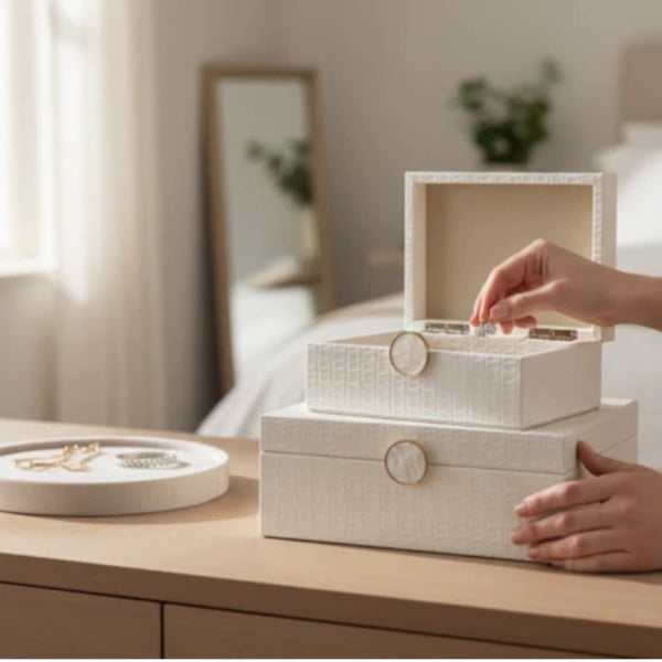 Cream White Decorative Jewellery Box - Mother of Pearl Latch - Large