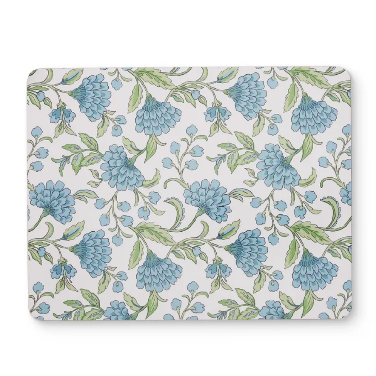 Georgia Blue rectangle hard placemats, set of four, in a blue floral print with sage green foliage on white