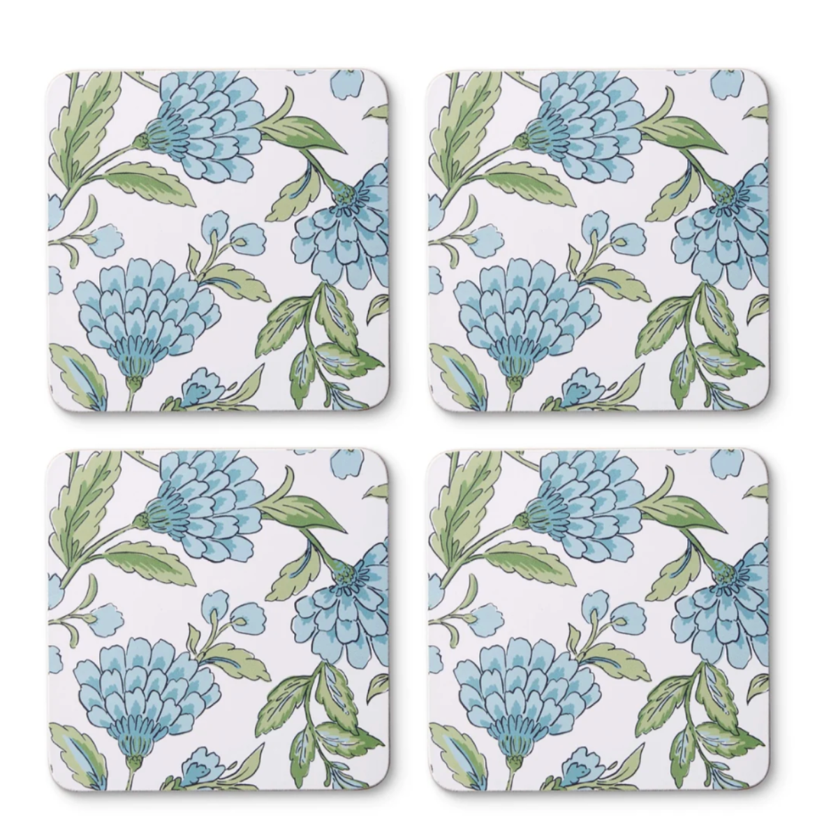 Georgia Blue square hard coasters, set of four, in a blue floral print with sage green foliage on white